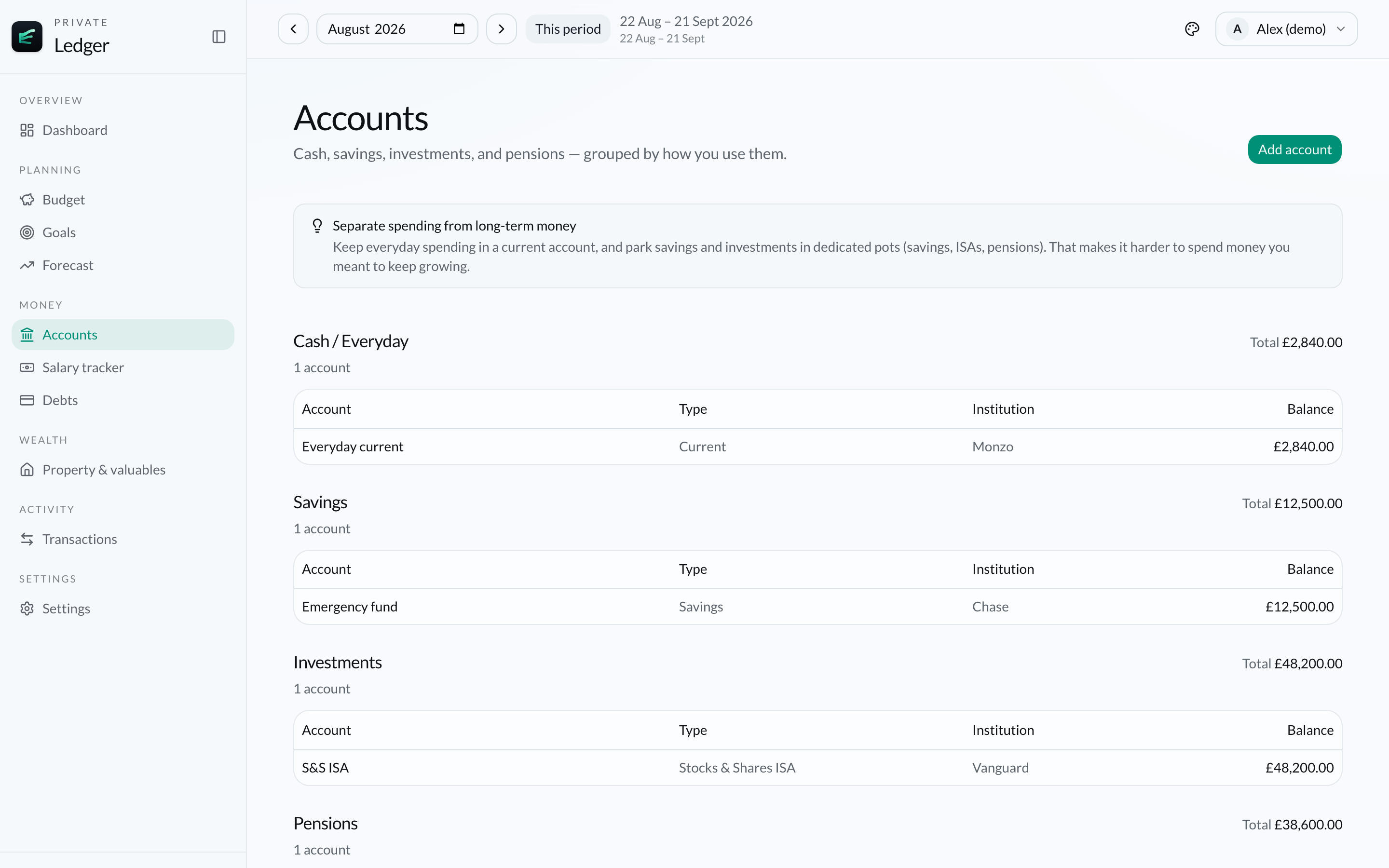 Finance Ledger accounts page grouping current, savings, investment and pension balances