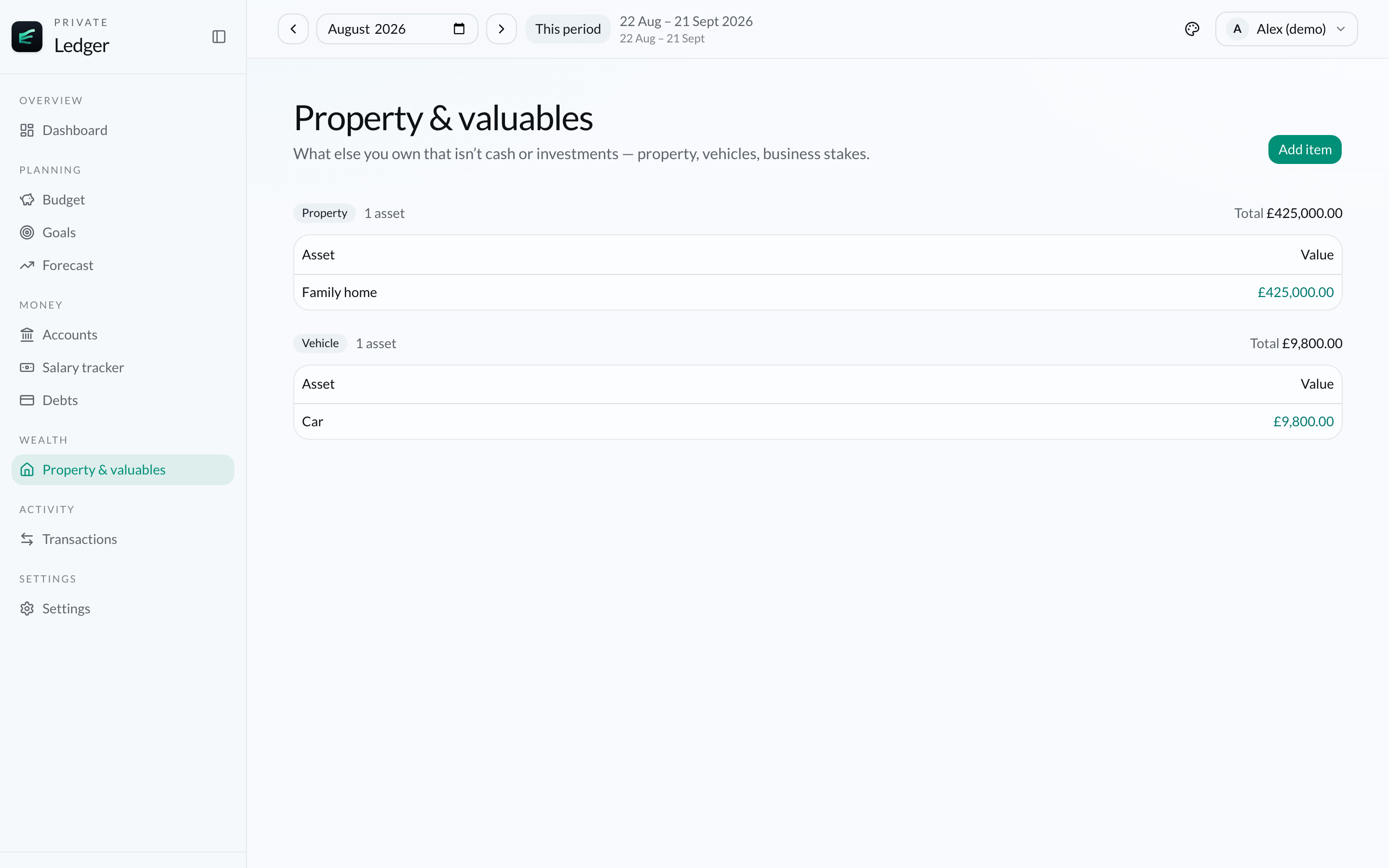Finance Ledger property and valuables page listing home and vehicle assets
