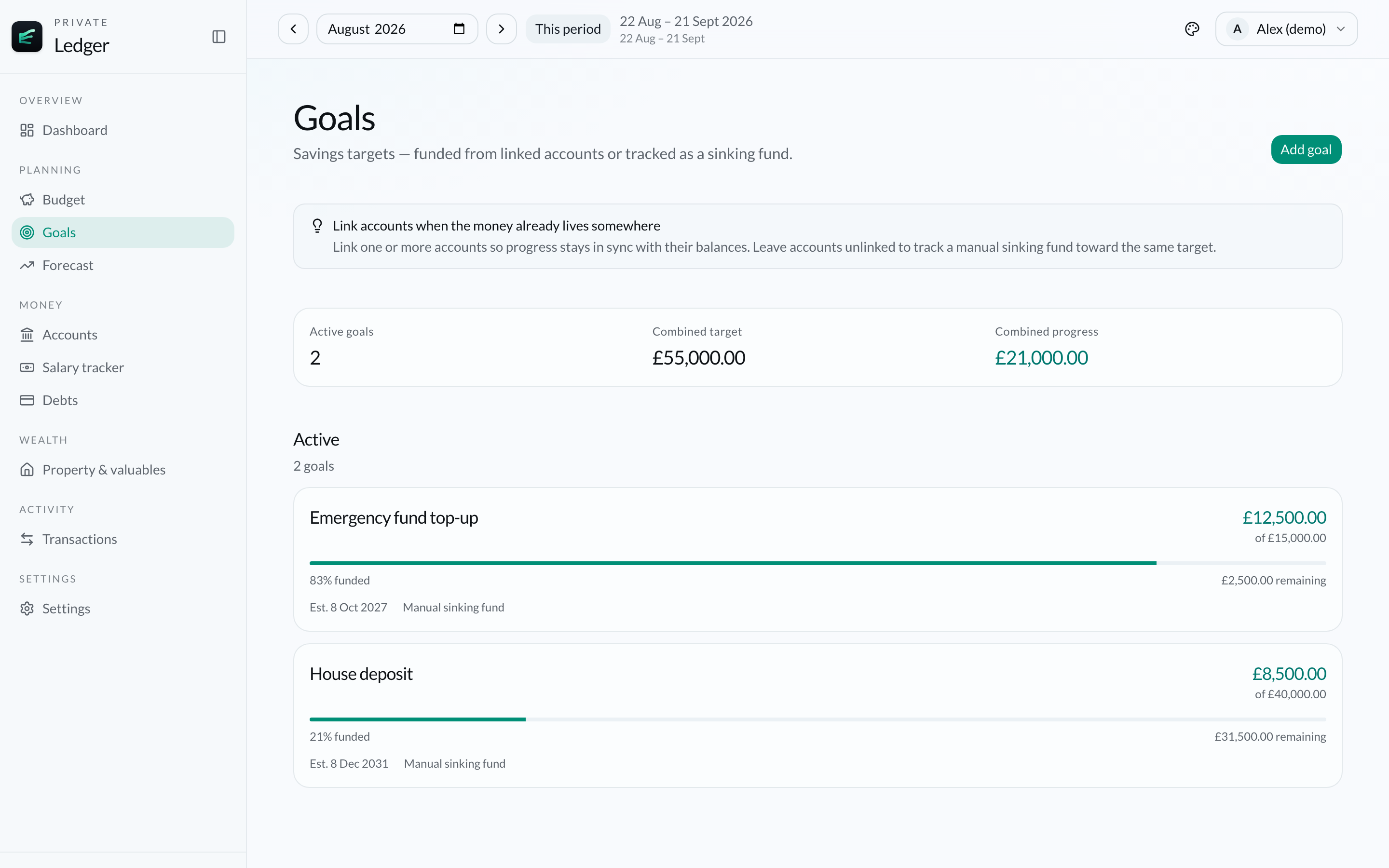 Finance Ledger goals page showing active savings targets with progress toward each goal